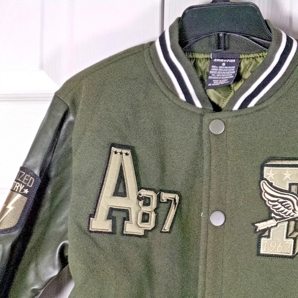 Ring of Fire Boys HANAN Varsity Jacket Patches Olive Green Faux Leather S 8